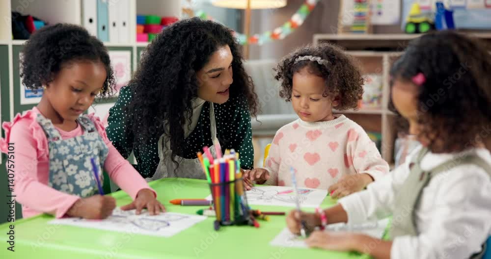 Woman, teacher and kids with drawing in kindergarten classroom for early childhood development. Female person, educator or instructor helping children for youth, fun activity or coloring at school