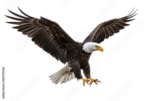 A bald eagle with its wings spread wide against a plain white background in a studio shot image