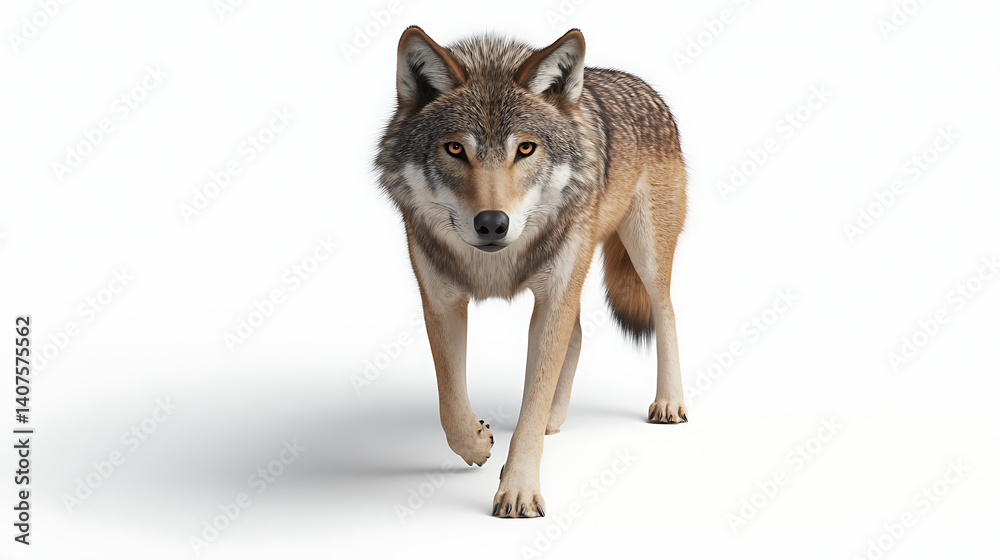 Obraz premium Gray Wolf Stride Against White Background