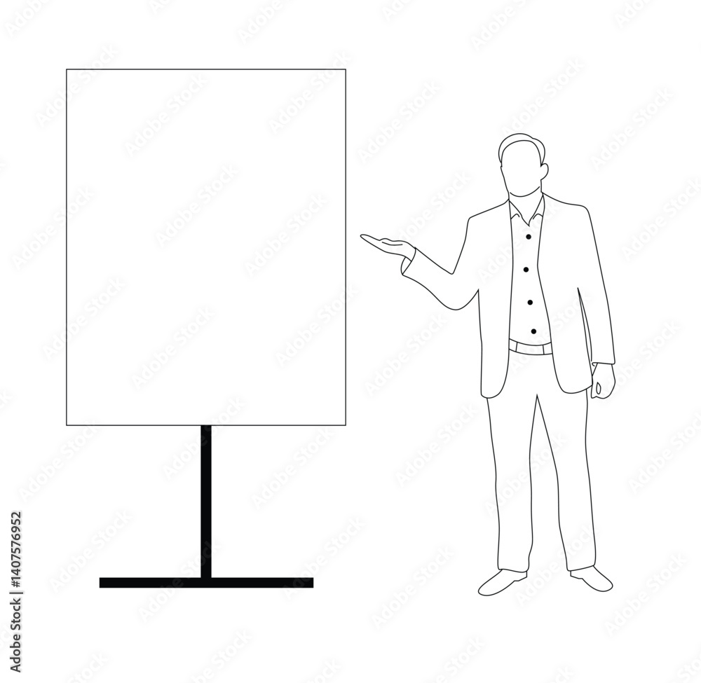Business Man Line Art Pointing at Empty Advertisement Board. People at work and activities vector Business Man Line Art Pointing at Empty Advertisement Board. People at work and activities vector