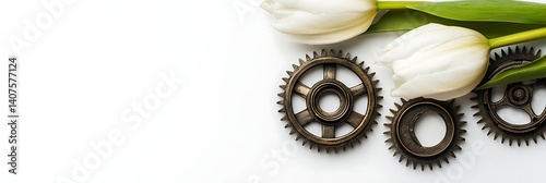 White tulips and gear wheels create industrial floral design on white background for engineering designs