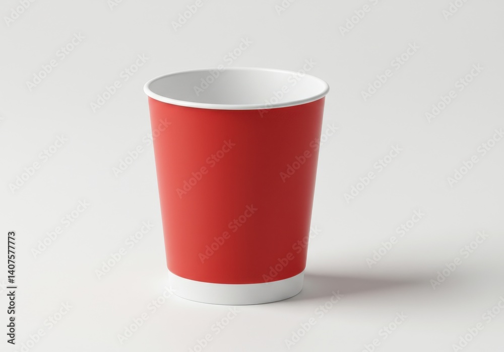 A single red and white paper cup stands on a plain white surface in a studio setting image view A single red and white paper cup stands on a plain white surface in a studio setting image view