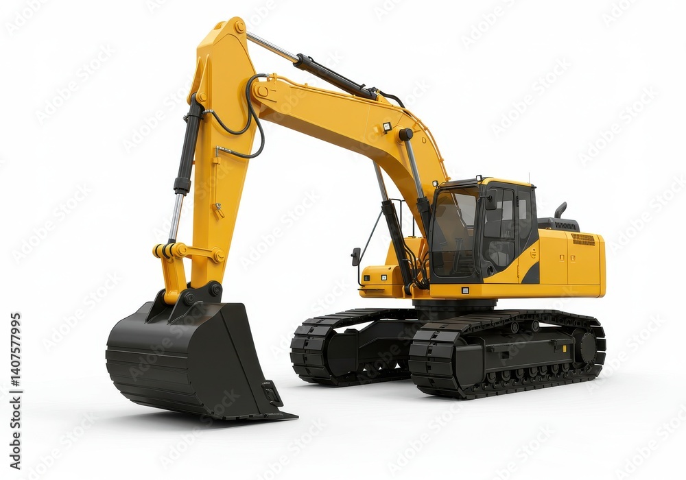 Fototapeta premium A yellow excavator with a black bucket and tracks on a white background in a studio shot