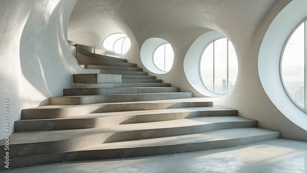 Obraz premium Interior staircase with concrete steps and rounded walls. Sunlight enters through round windows showing city buildings far away, creating shadows on light surface.