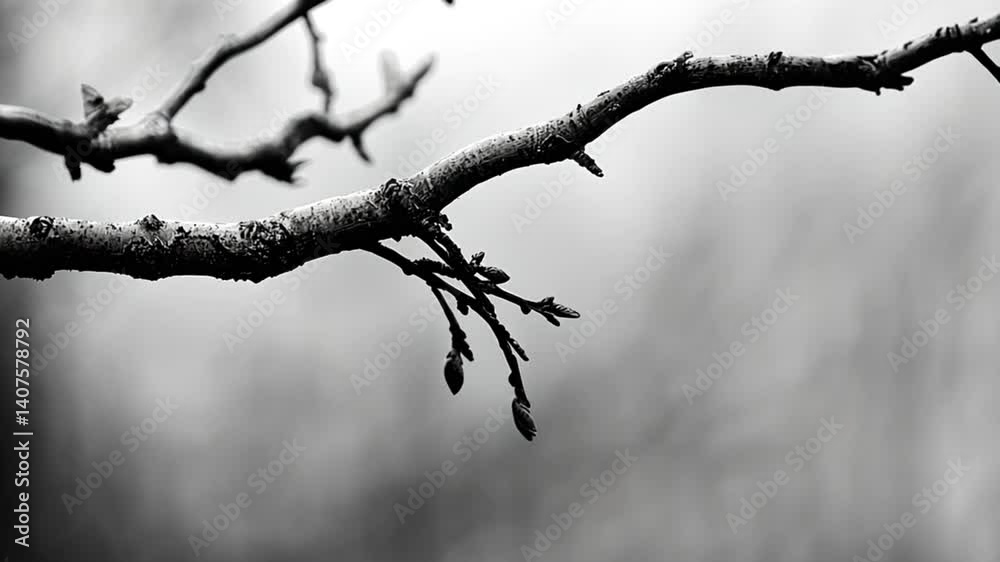 Black and white close-up of a branch with budding leaves against a blurred background Black and white close-up of a branch with budding leaves against a blurred background