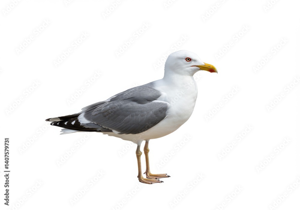 A seagull standing isolated against a white background in a studio shot with its full body visible A seagull standing isolated against a white background in a studio shot with its full body visible