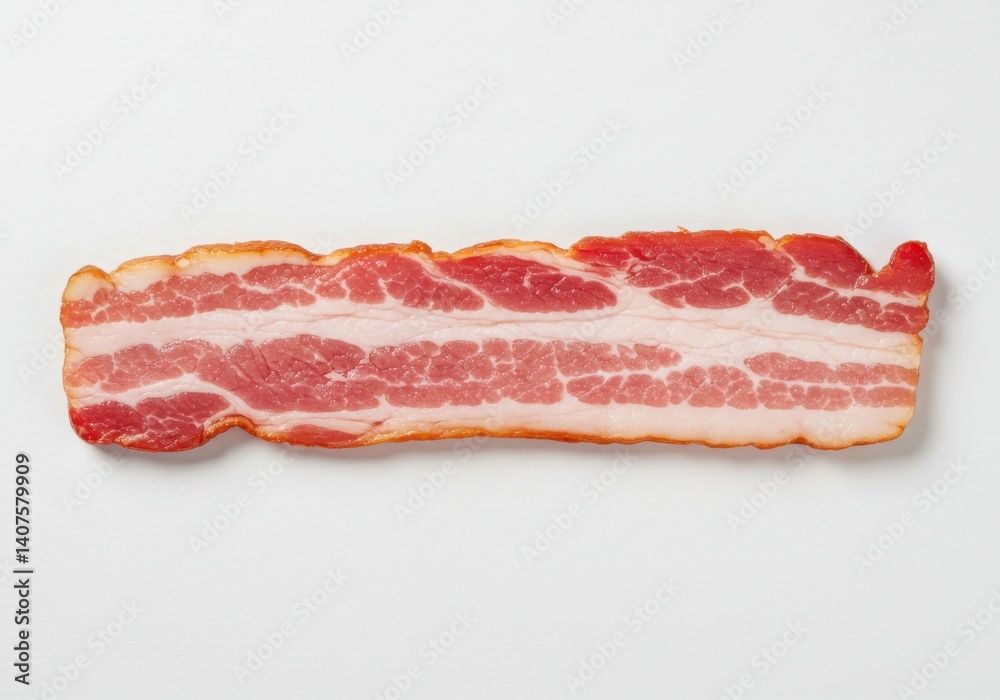 A single uncooked bacon strip with visible fat and meat on a plain white background surface top view