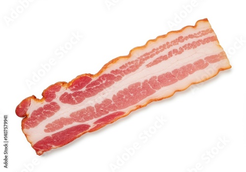 A single uncooked bacon strip with visible fat marbling isolated on a plain white surface background