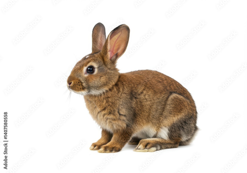 A brown rabbit sitting on a white background looking to the left in a studio setting alone A brown rabbit sitting on a white background looking to the left in a studio setting alone
