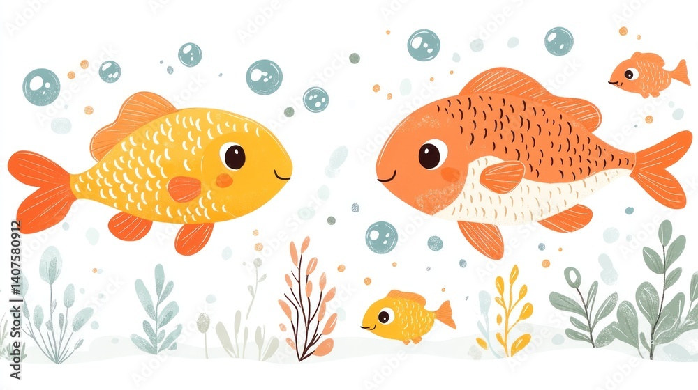 Naklejka premium Cute cartoon fish underwater scene with bubbles and plants