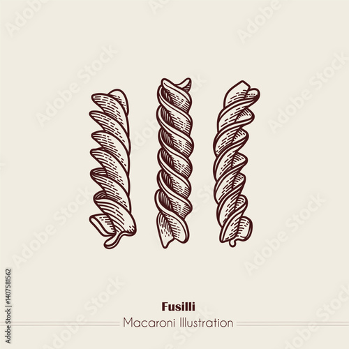 Fusilli Italian Pasta. Vector hand-drawn sketch of food. Vintage style engraving. etching. Line art