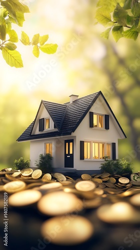 Charming house surrounded by lush greenery and gold coins representing home investment and wealth : Generative AI