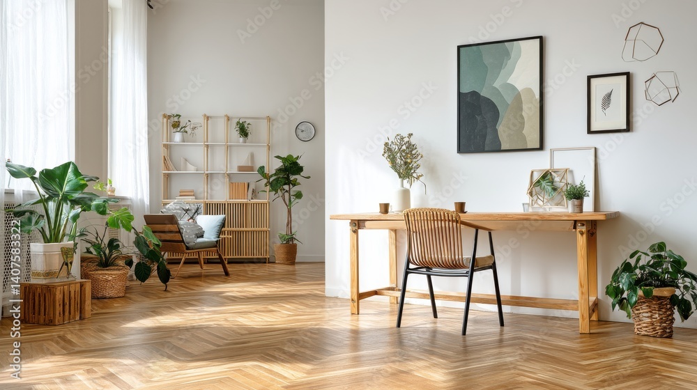Fototapeta premium Bright living room with wooden furniture and plants