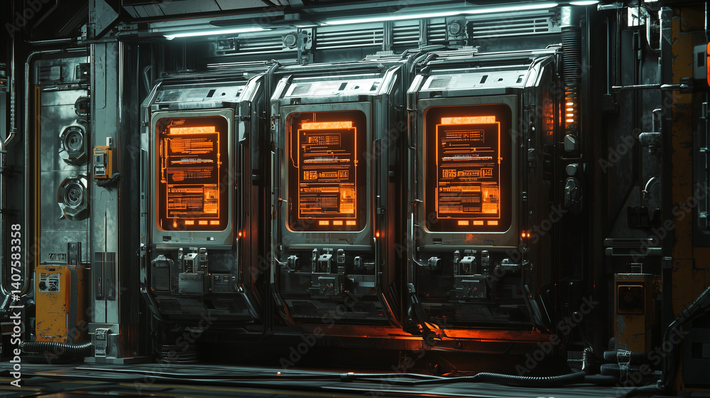 Obraz premium Futuristic control panels with glowing orange interfaces in a sci-fi industrial environment, high-tech computer systems.