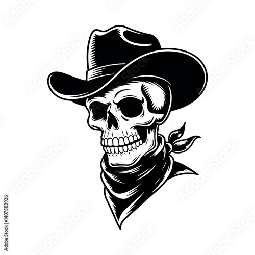 Cowboy Skull Illustration, Skull with Cowboy Hat and Bandana
