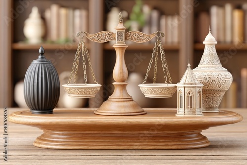 A judge holding an empty scale surrounded by cultural artifacts