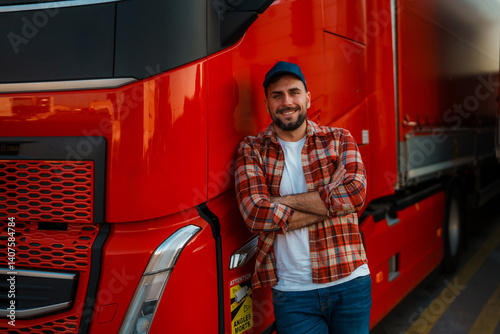 Smiling trucker posing for photo while leaned on big red truck with crossed hands.