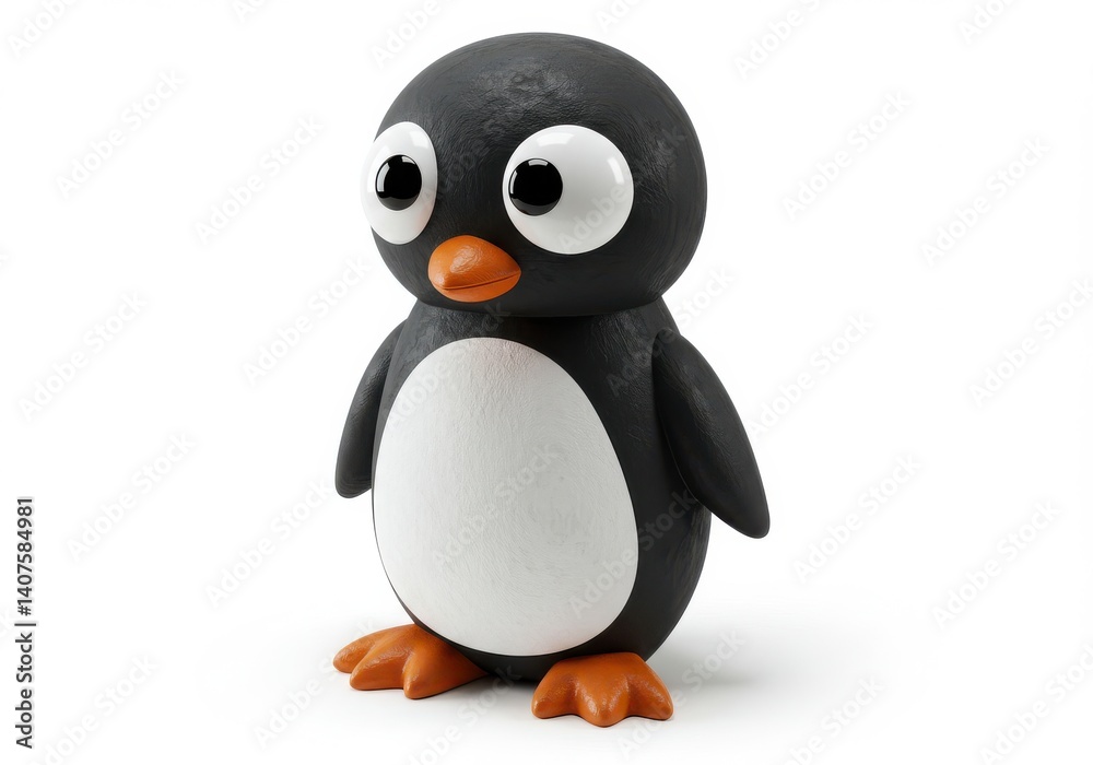 Obraz premium A cartoon penguin figurine with big eyes and an orange beak standing on a white background surface