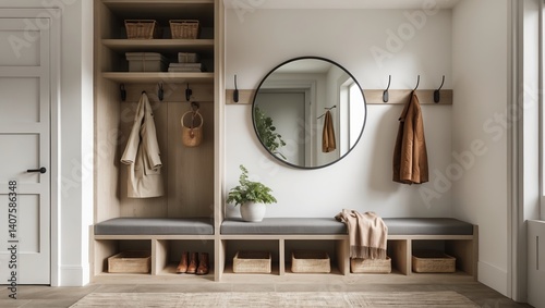 Entryway hall design with storage. Baskets on shelves and round mirror hanging above seat. White walls and wooden furniture in interior.