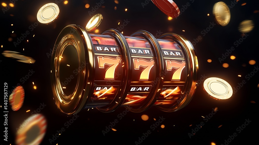 Close-up of a slot machine reel spinning with the iconic seven symbol and casino coins : Generative AI