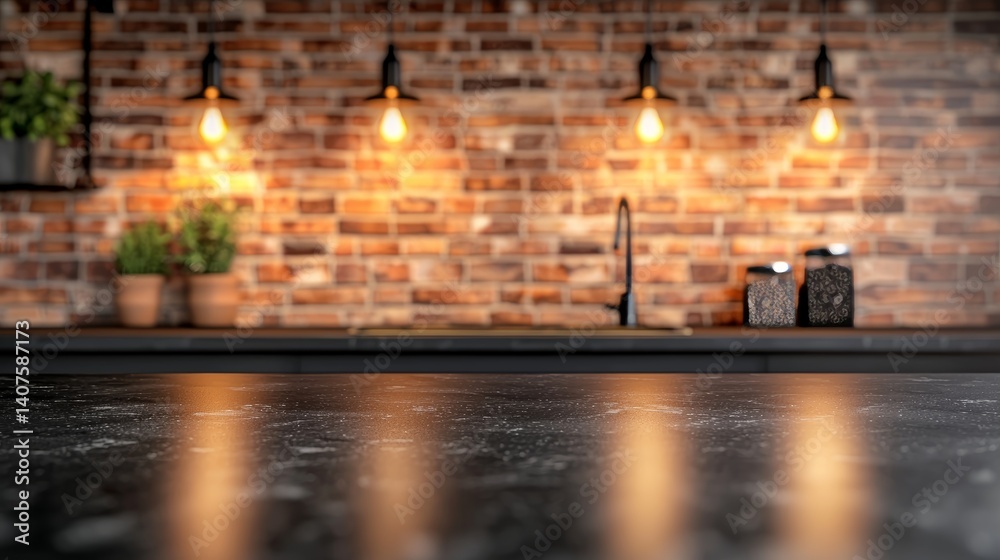 Abstract modern black marble countertop, blurred industrial-style kitchen interior with exposed bricks, warm hanging lights, artistic bokeh