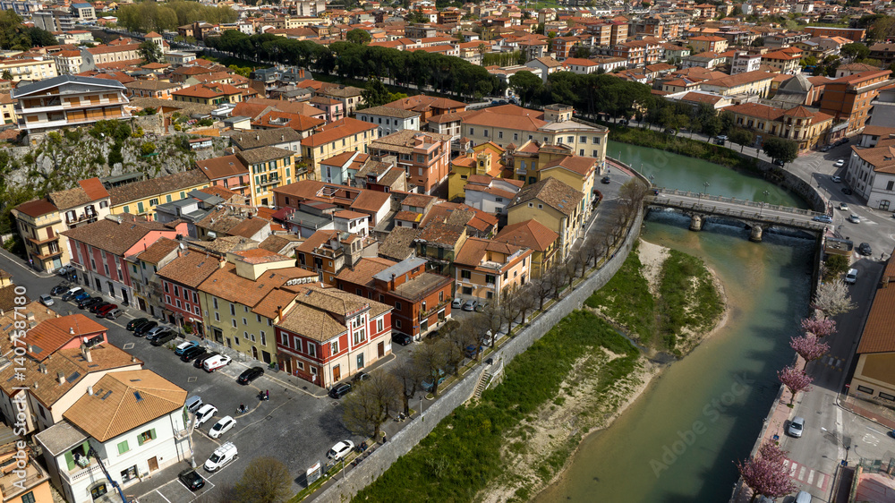 Aerial view of the historic center of Sora, built on the banks of the Liri river. It is a town in Lazio, Italy, in the province of Frosinone.