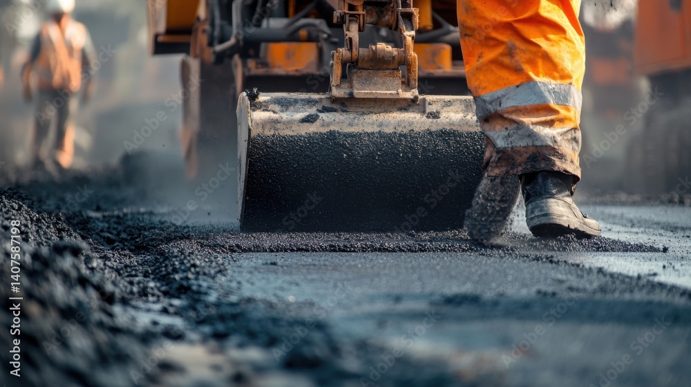 Road worker paving a new street with an asphalt machine. Featuring skill and precision Road worker paving a new street with an asphalt machine. Featuring skill and precision