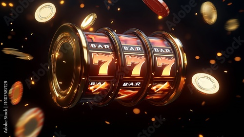 Obraz na płótnie Close-up of a slot machine reel spinning with the iconic seven symbol and casino coins : Generative AI w salonie