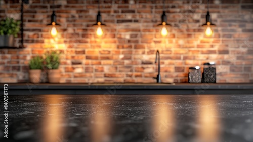 Obraz na płótnie Abstract modern black marble countertop, blurred industrial-style kitchen interior with exposed bricks, warm hanging lights, artistic bokeh w salonie