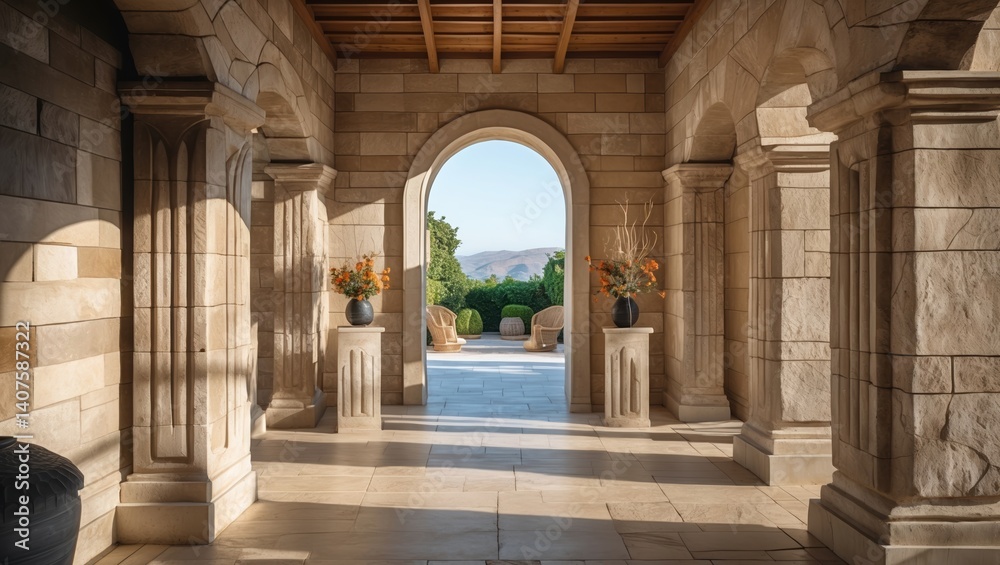 Fototapeta premium Stone columns form archway. Orange flowers stand on pedestals. Sunny day outdoors in courtyard. Green landscape visible through open entrance. Sand colored blocks visible.