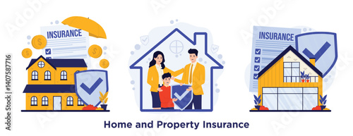 Home and property insurance set concept illustration with protected house, shield symbol, insurance form, and agent offering safety coverage for homeowners