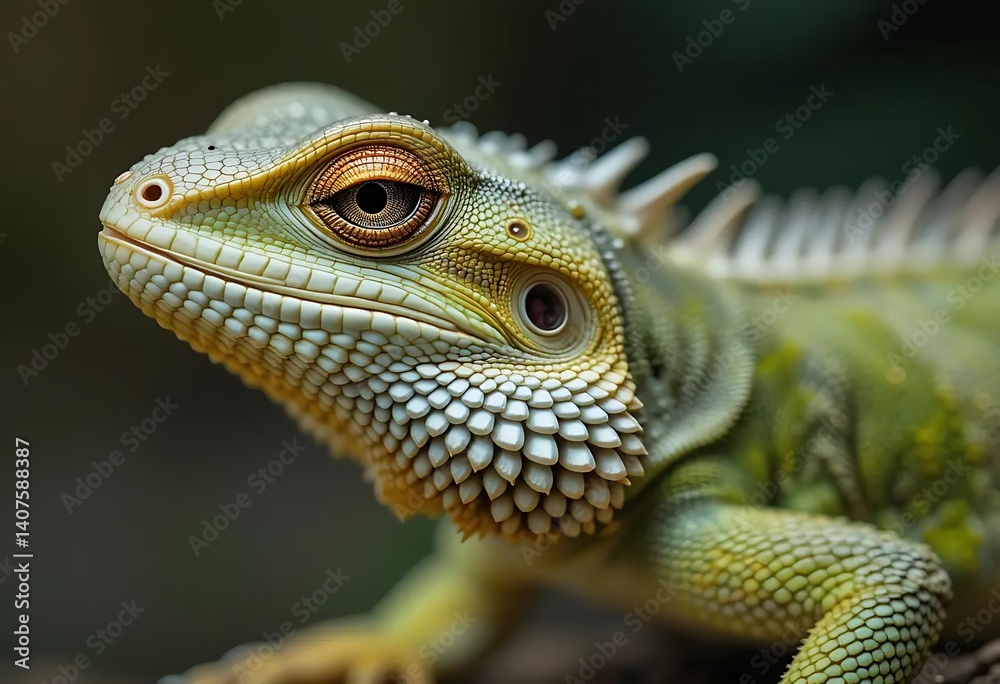 Obraz premium Intricate Green Lizard Portrait: Detailed Scales and Golden Eye