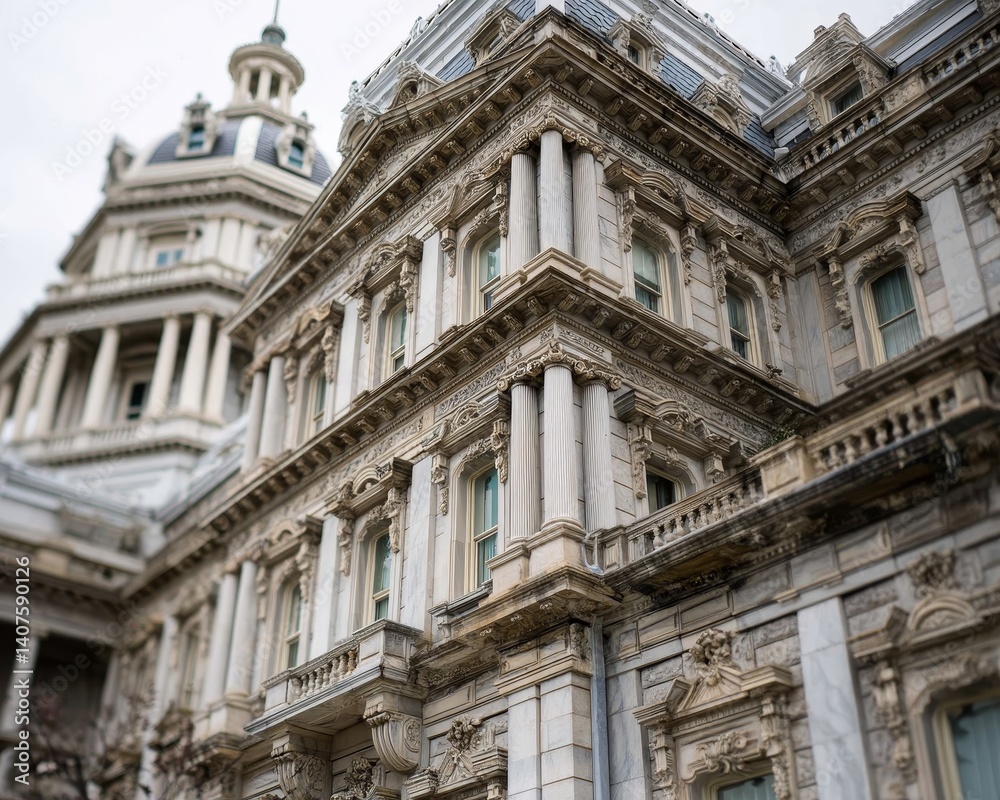 Close-up of the US Capitol building dome at sunset - scenic twilight red USA