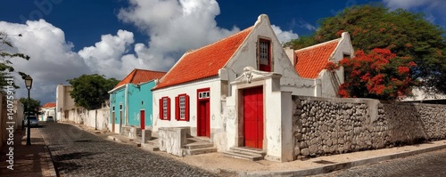 Obraz na płótnie Traditional Cape Verdean architecture, whitewashed buildings, cobblestone streets - whitewashed architecture ocean detail scenic w salonie
