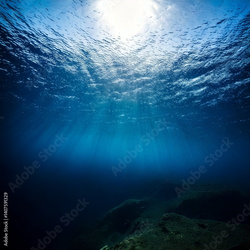 深海の闇にほのかに差し込む光が美しい静寂の水中風景