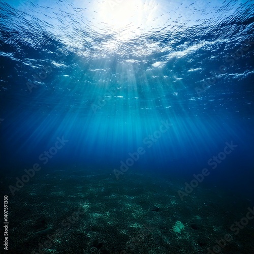 深海から水面を見上げる神秘的な光が差し込む幻想的な風景
