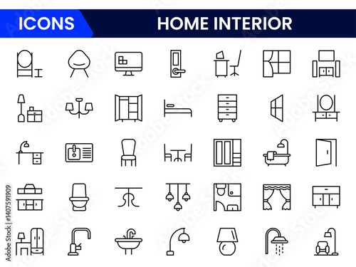 Home interior line icons collection. Dishes, devices, decoration icons. UI icon set. Thin outline icons pack.