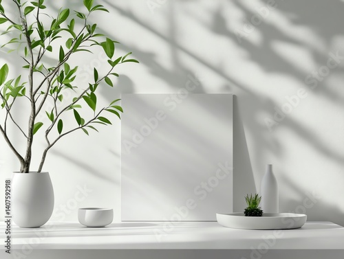 Minimal design mockup with A4 landscape paper, envelope, and morning window light