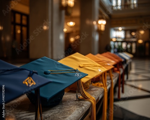 Obraz na płótnie Row of graduation caps, perfectly aligned, symbolic of unity and achievement - emblem representation milestone success unity w salonie