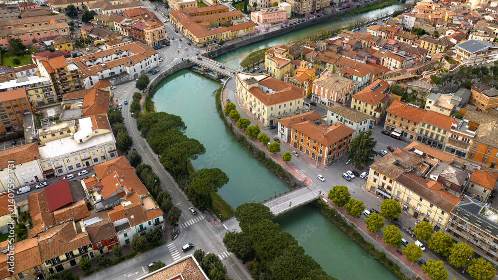 Aerial view of the historic center of Sora, built on the banks of the Liri river. It is a town in Lazio, Italy, in the province of Frosinone.