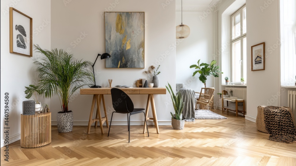 Fototapeta premium Home office with herringbone floors, plants, and natural light.