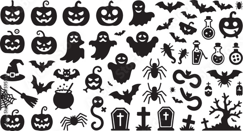Halloween icon silhouette vector set spooky ghosts, pumpkins, bats, spiders, haunted house, coffin, tree, witch, graveyard elements