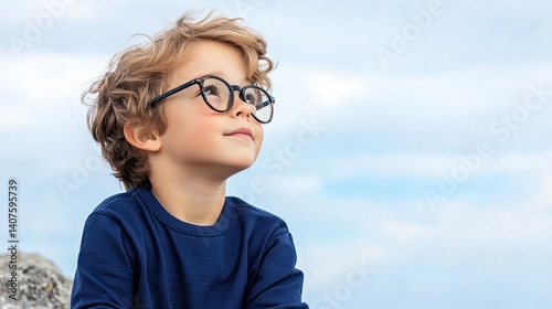 Child wearing glasses on a rock background, with open sky to the side 