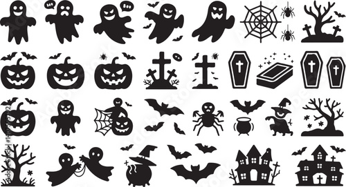 Halloween icon silhouette vector set spooky ghosts, pumpkins, bats, spiders, haunted house, coffin, tree, witch, graveyard elements