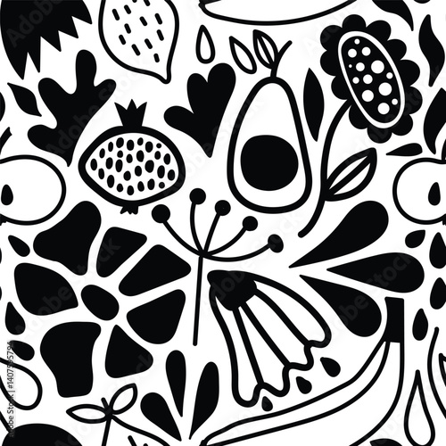 Vector Seamless Pattern with Fruits and Flowers.