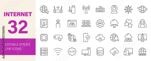 Internet icon set. Containing online, computer, network, website, server, web design, hardware, software, data center, wifi, hotspot, router and more. Editable line icons. Vector illustration.
