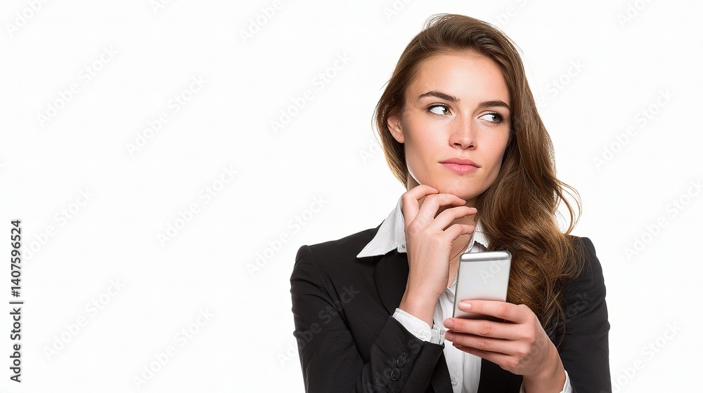 Young Businesswoman Using Smartphone with Thoughtful Expression Young Businesswoman Using Smartphone with Thoughtful Expression