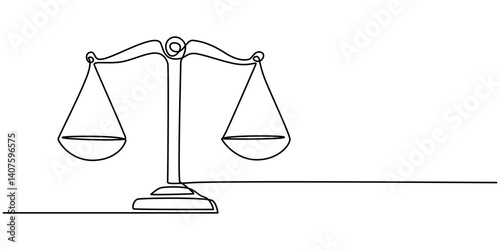 Continuous one line drawing of judicial scales or law scales. Libra symbol in single outline vector illustration. Editable stroke, Line drawing of the balance of law and the scale of justice.