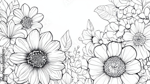 Wallpaper Mural A line drawing of a vibrant forest scene with various mushrooms, flowers, and plants, creating a whimsical atmosphere. Torontodigital.ca