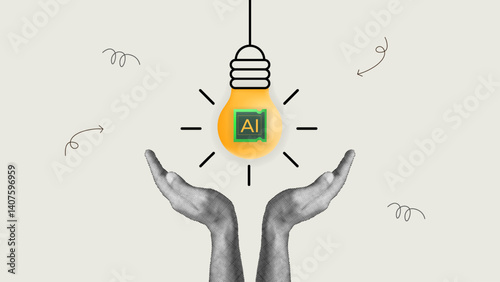 halftone collage, Creative AI innovation, smart insights, decision making, Self-service, business solution hands reaching toward a glowing lightbulb with AI chip icon, artificial intelligence